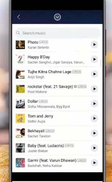 option to select the popular music list on facebook settings