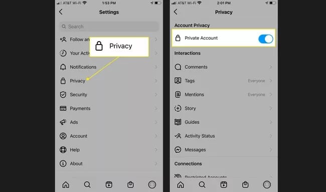 Privacy and proceed by clicking on the account privacy