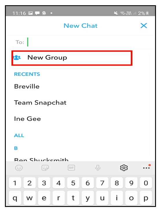 Setting up a new Snapchat group.